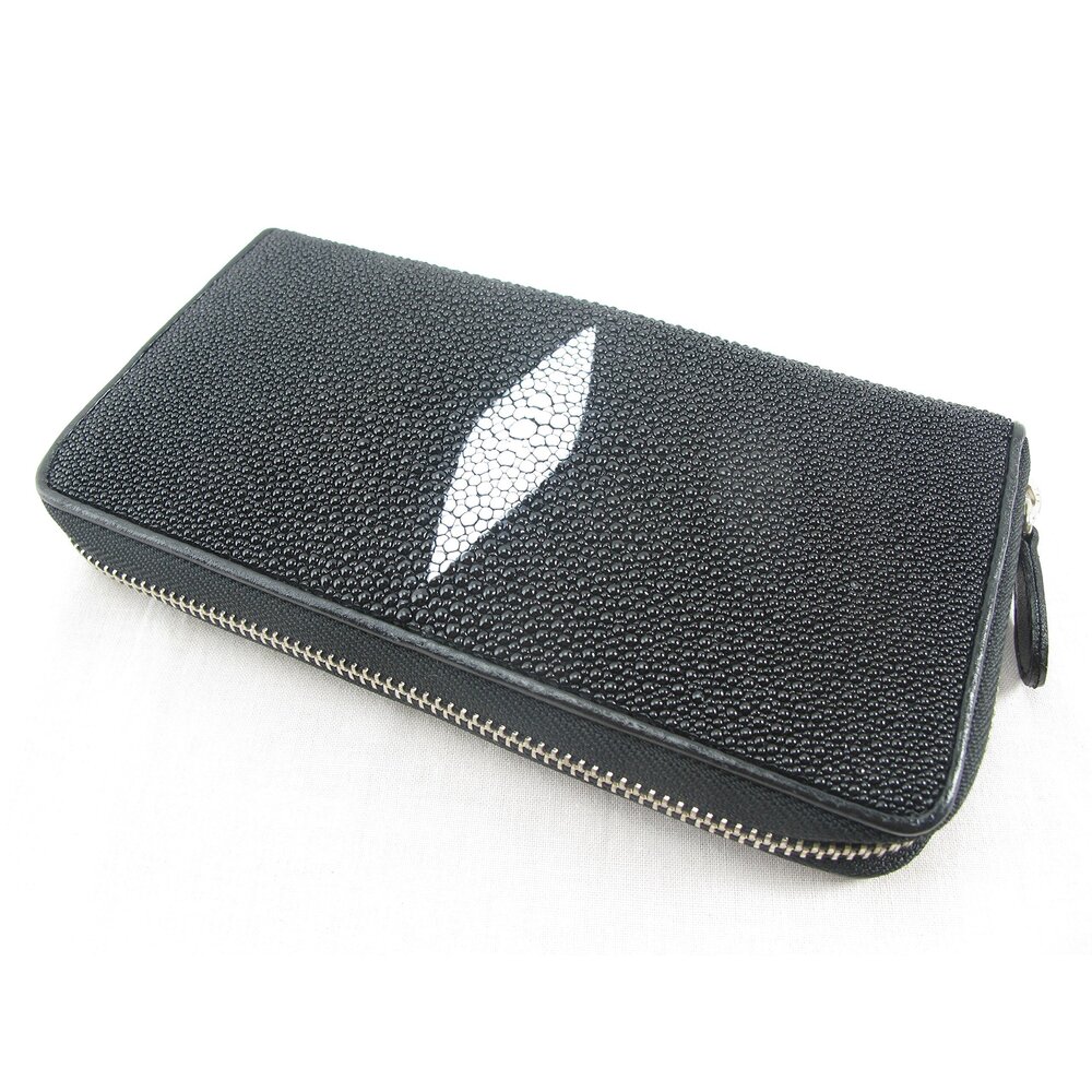 4714 Genuine Stingray Skin Zip Around Clutch Wallet Purse Black Black